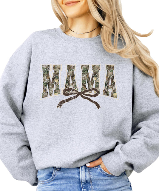 Trendy Camo Mama Sweatshirt - Distressed Camouflage Sweater for Mom - Coquette Bow Pullover Army Green Sweatshirt Adult X-L