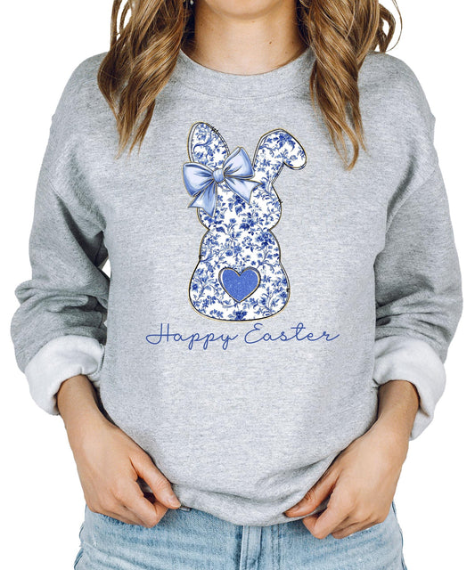 Olive Loves Apple Happy Easter Sweatshirt for Women Teens and Girls Blue Floral Chinoiserie Bunny Pullover