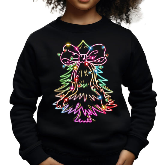 Kids wearing neon Christmas tree black holiday pullover sweatshirt festive design