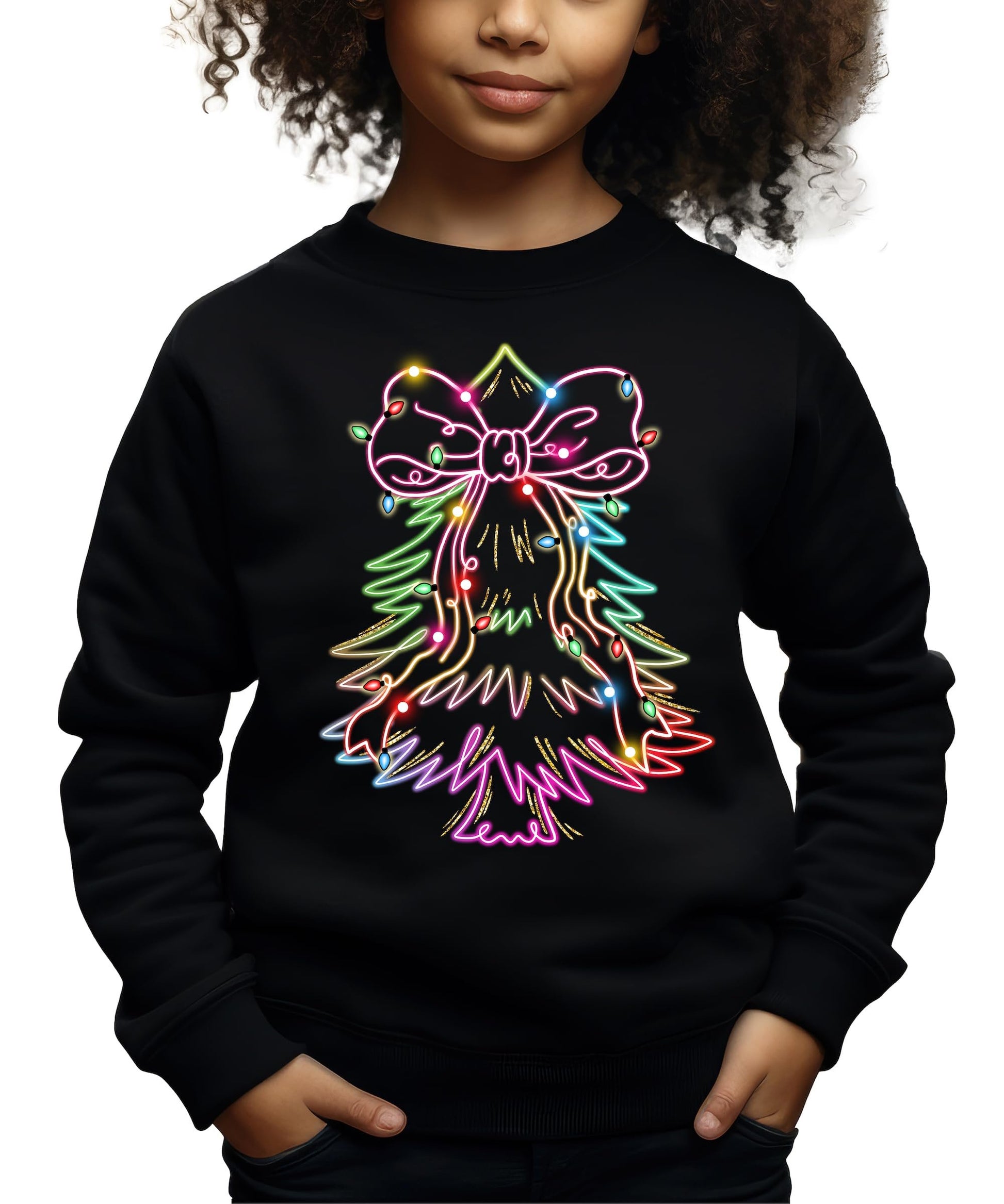 Kids wearing neon Christmas tree black holiday pullover sweatshirt festive design