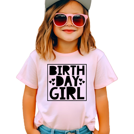White on mauve birthday girl raglan with square hearts graphic design for kids