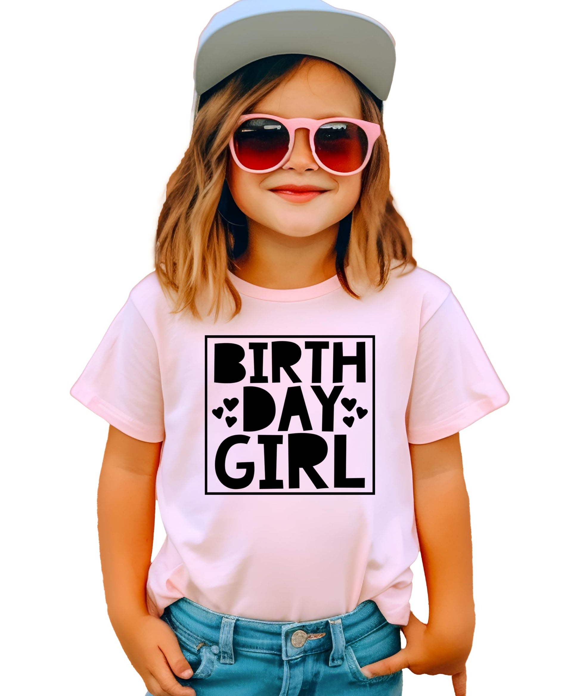 White on mauve birthday girl raglan with square hearts graphic design for kids
