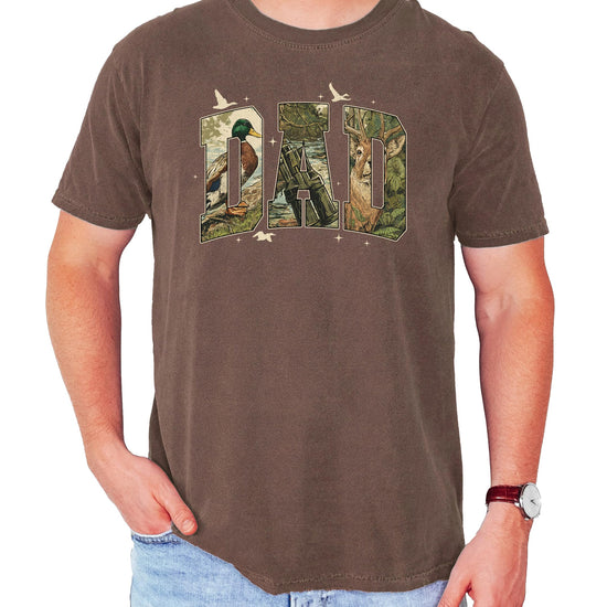 Men's retro camo DAD graphic t-shirt with hunting scene inside bold block letters