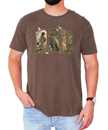 Men's retro camo DAD graphic t-shirt with hunting scene inside bold block letters