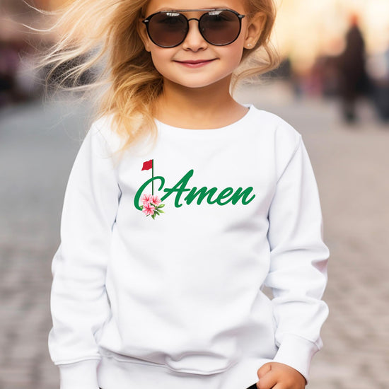 Detail shot of Amen Golf sweatshirt showing soft fleece fabric and graphic print quality