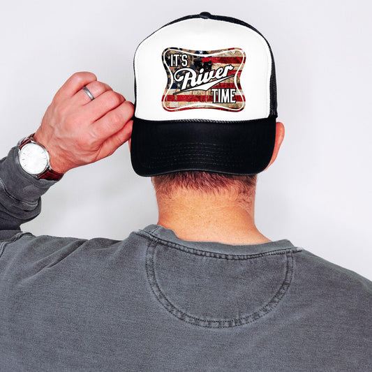 It's River Time American Flag Women and Men's Foam Front Classic 5 Panel Mesh Snap Back Trucker Hat