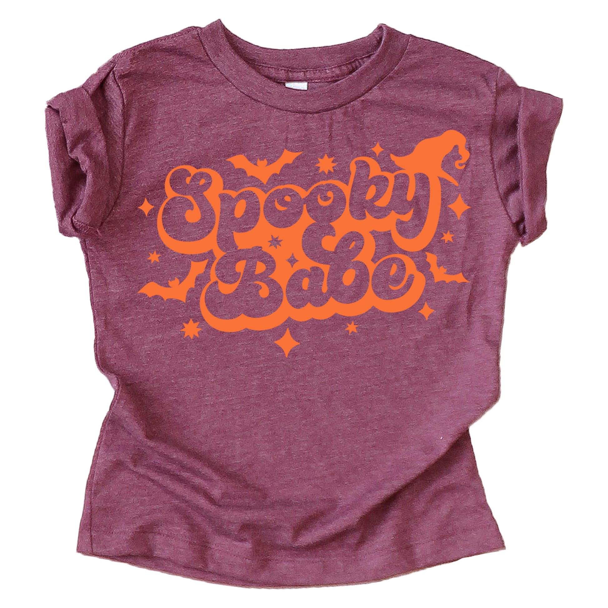 Flat lay of Spooky Babe retro Halloween shirt for toddler girls, orange graphic on burgundy