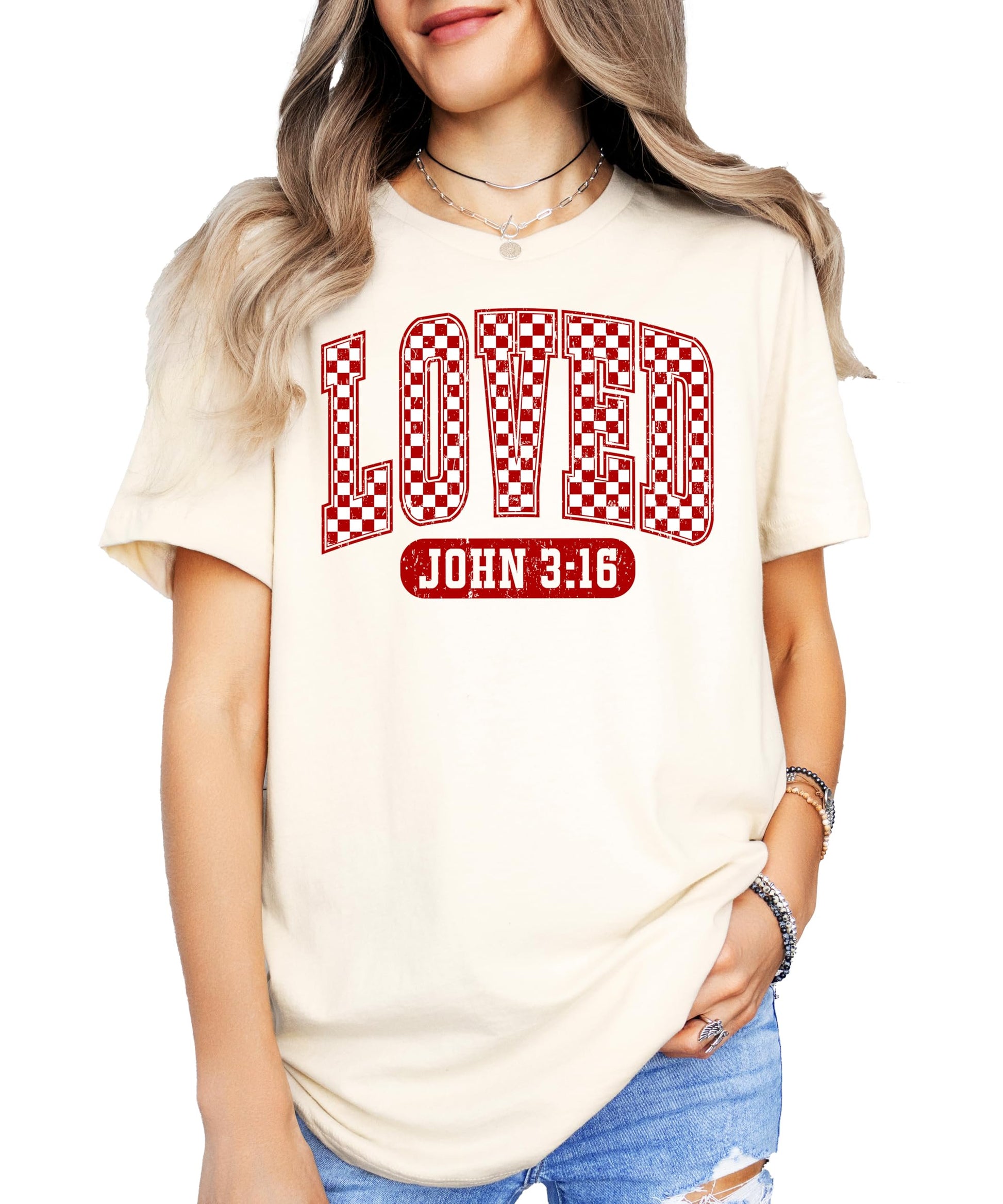 Lifestyle photo of women wearing red check Loved Christian graphic Valentine's Day tee