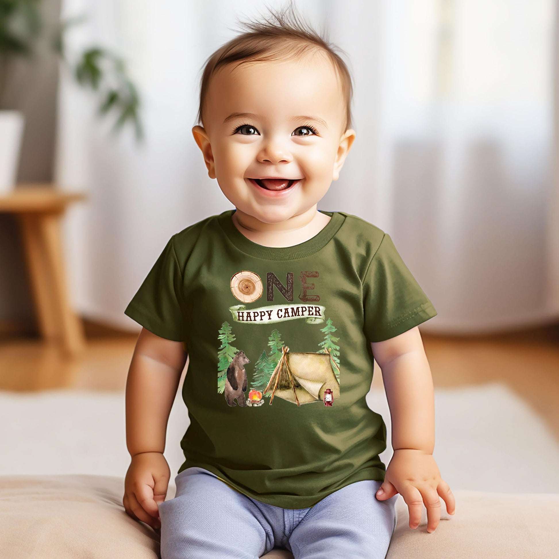 One Fun Camper 1st birthday shirt styled for outdoor camping party celebration