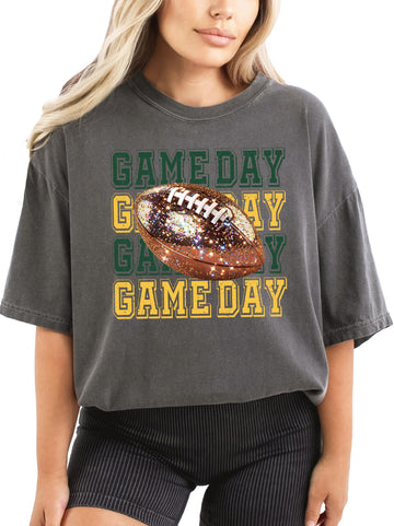 Women's ivory game day tee with bold green and yellow faux glitter football graphic