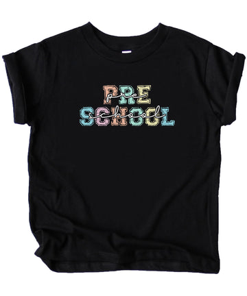 Toddler or youth-sized black preschool shirt with bright pastel western graphic tee from Olive Loves Apple