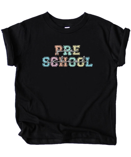 Toddler or youth-sized black preschool shirt with bright pastel western graphic tee from Olive Loves Apple