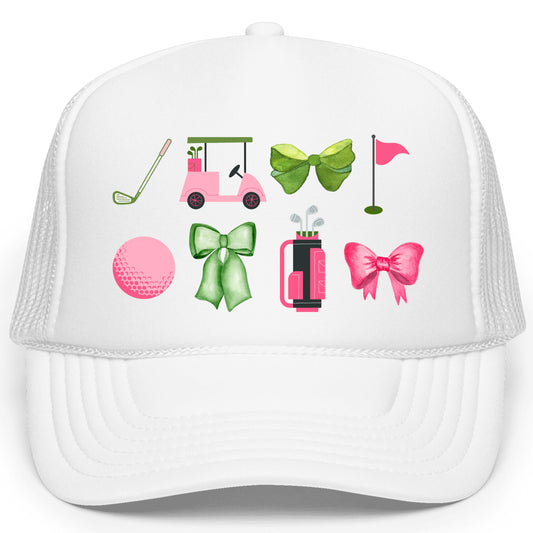 Girly Golf Themed Graphics Women's Hat Classic Foam Front 5 Panel Mesh Snap Back Trucker Hat