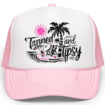 Tanned and Tipsy Trucker Hat Summer Graphic Classic 5 Panel Mesh Foam Front Snap Back