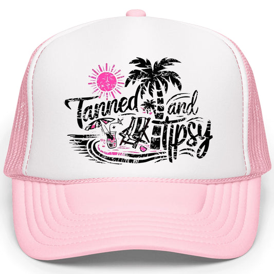 Tanned and Tipsy Trucker Hat Summer Graphic Classic 5 Panel Mesh Foam Front Snap Back