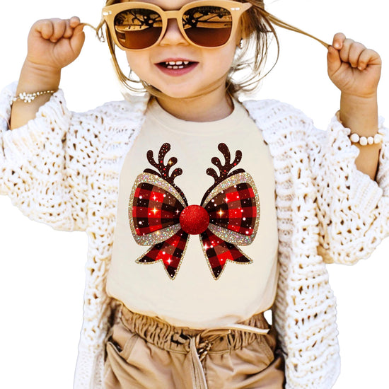 Kids and women's matching red and black check Christmas bow graphic tee holiday outfit