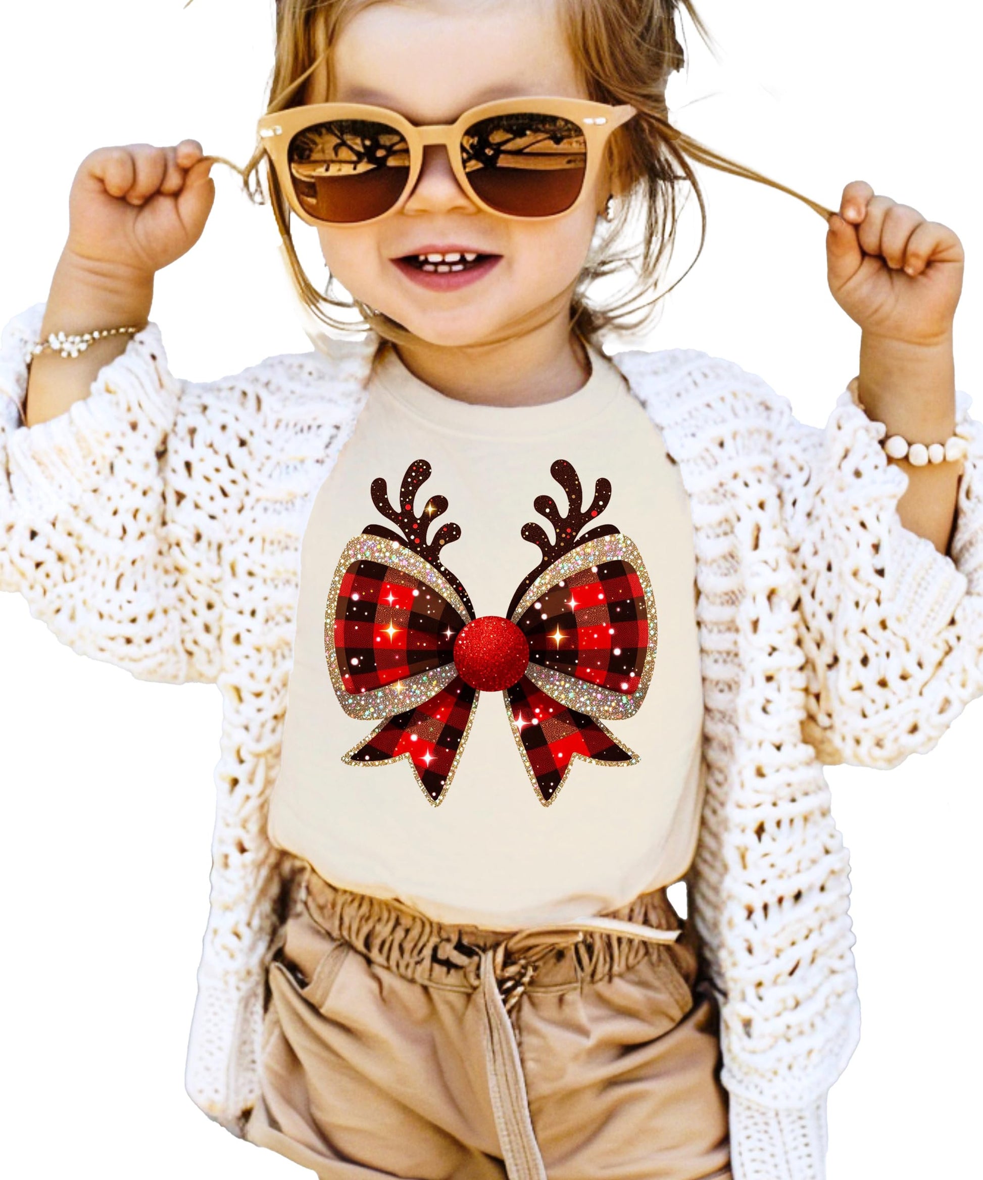 Kids and women's matching red and black check Christmas bow graphic tee holiday outfit