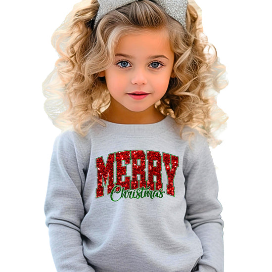 Model wearing cozy gray Merry Christmas sweatshirt with glitter-look holiday print