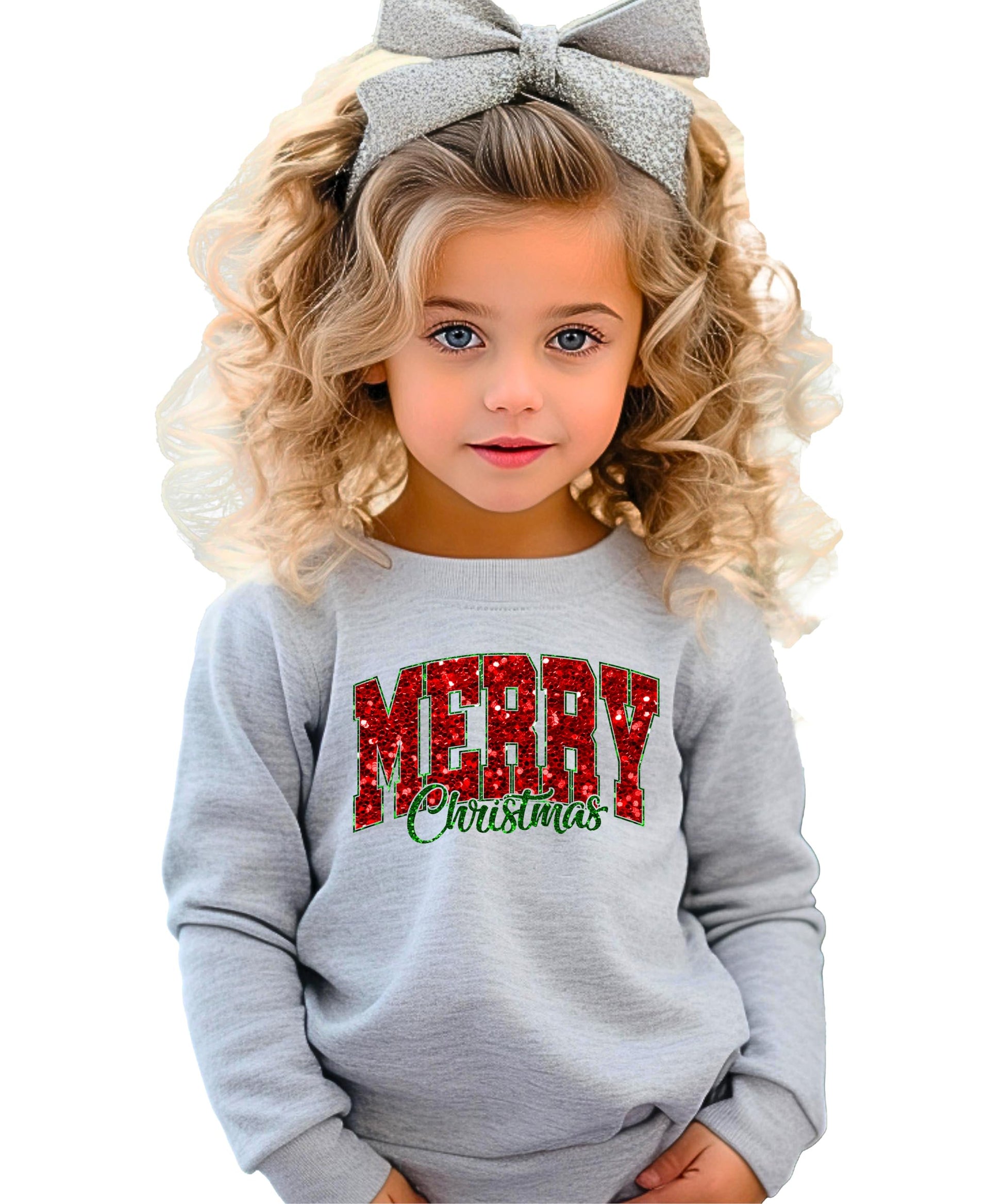 Model wearing cozy gray Merry Christmas sweatshirt with glitter-look holiday print