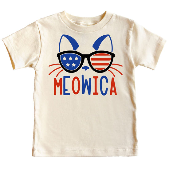 Family wearing matching Meowica 4th of July shirts in coordinating styles and sizes