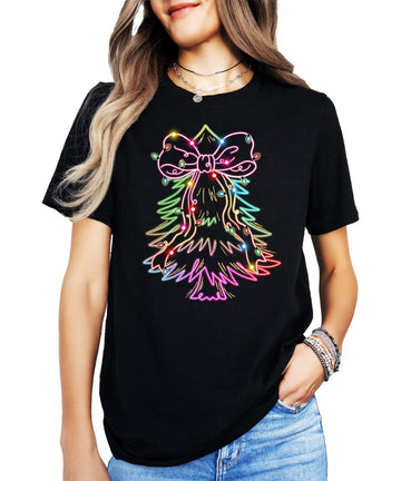 Christmas Tree Retro Neon Short Sleeve Graphic T-Shirt for Women, Youth and Toddler Girls