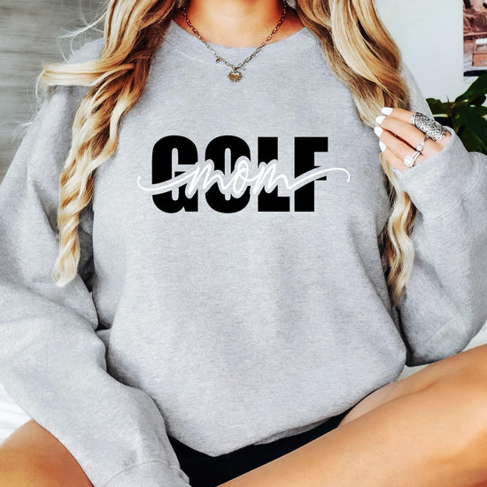 Golf mom sweatshirt styled casually, showing relaxed fit and soft gray fabric