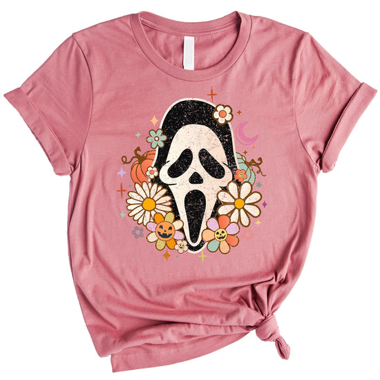 Women's groovy Scream face mask Halloween graphic t-shirt from Olive Loves Apple