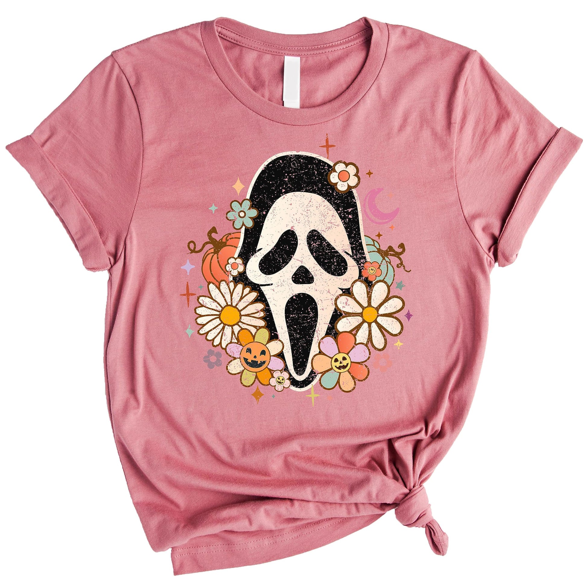 Women's groovy Scream face mask Halloween graphic t-shirt from Olive Loves Apple