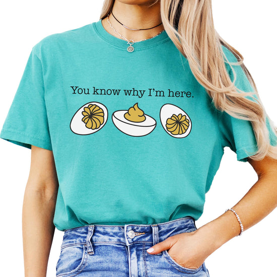Unisex deviled egg t-shirt flat lay showing full design and fit