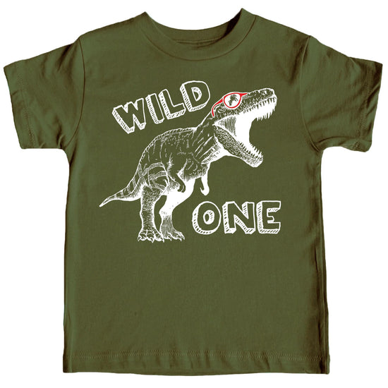 Wild One Dinosaur 1st birthday baby t-shirt in mauve with white dinosaur and text design