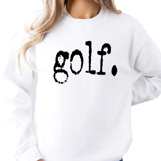 Detail shot of soft gray fabric and professional print on Olive Loves Apple golf sweatshirt