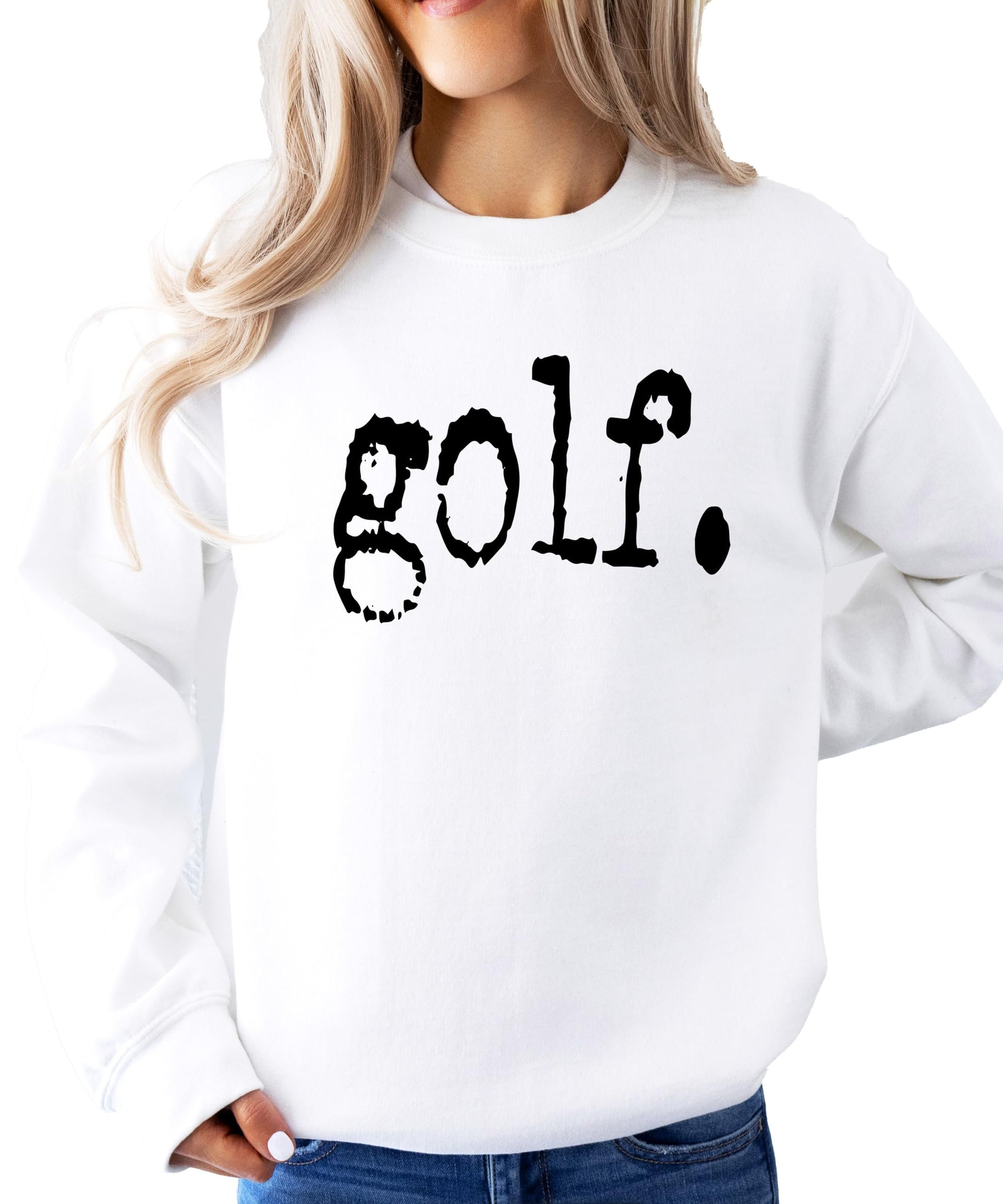 Detail shot of soft gray fabric and professional print on Olive Loves Apple golf sweatshirt
