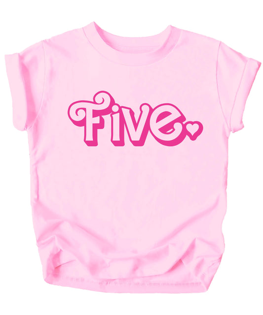 Pink girls 5th birthday graphic tee with heart design on a youth shirt