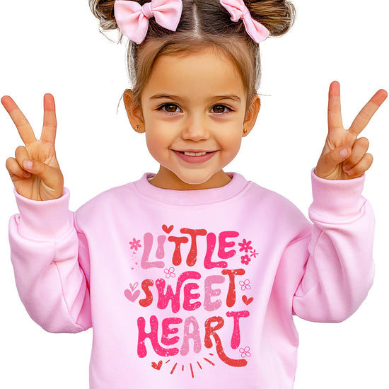 Girls' pink pullover sweatshirt with Little Sweet Heart hearts and flowers Valentine graphic by Olive Loves Apple