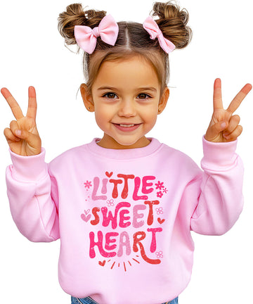 Girls' pink pullover sweatshirt with Little Sweet Heart hearts and flowers Valentine graphic by Olive Loves Apple