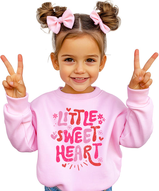 Girls' pink pullover sweatshirt with Little Sweet Heart hearts and flowers Valentine graphic by Olive Loves Apple