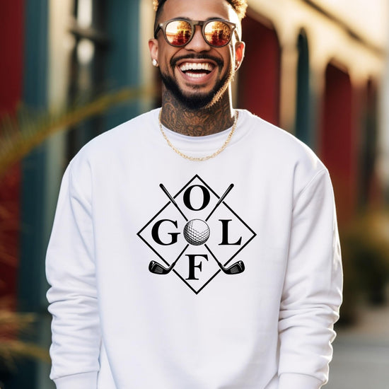 Side view of golf themed pullover sweatshirt on model