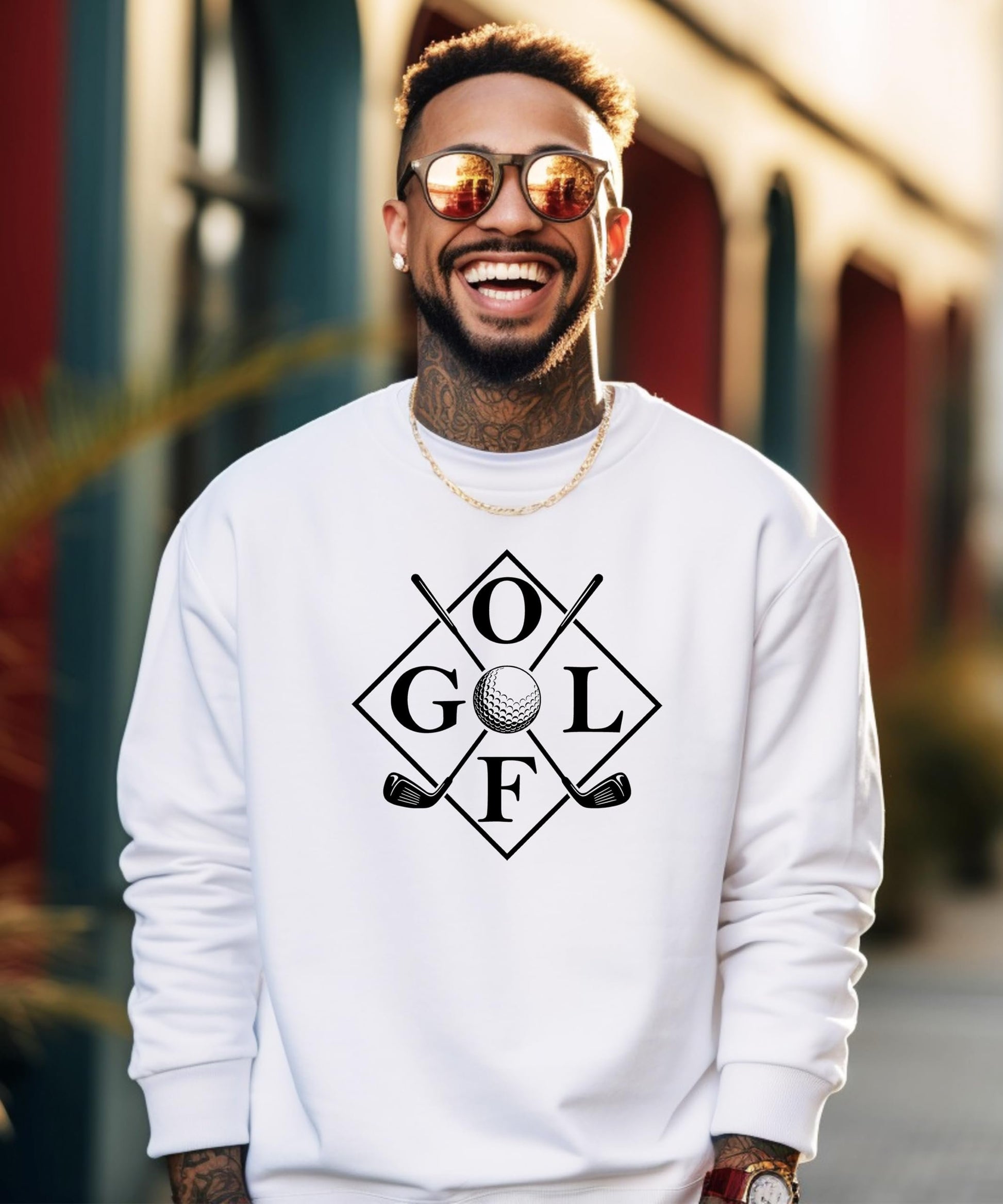 Side view of golf themed pullover sweatshirt on model