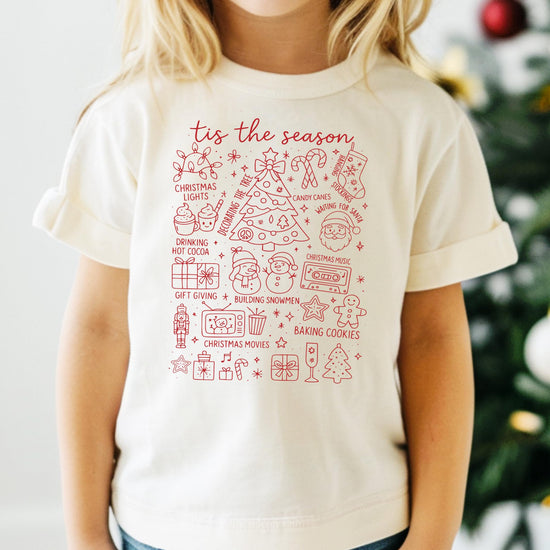Adult and kids matching Tis the Season Christmas collage tee in natural — family matching holiday shirts