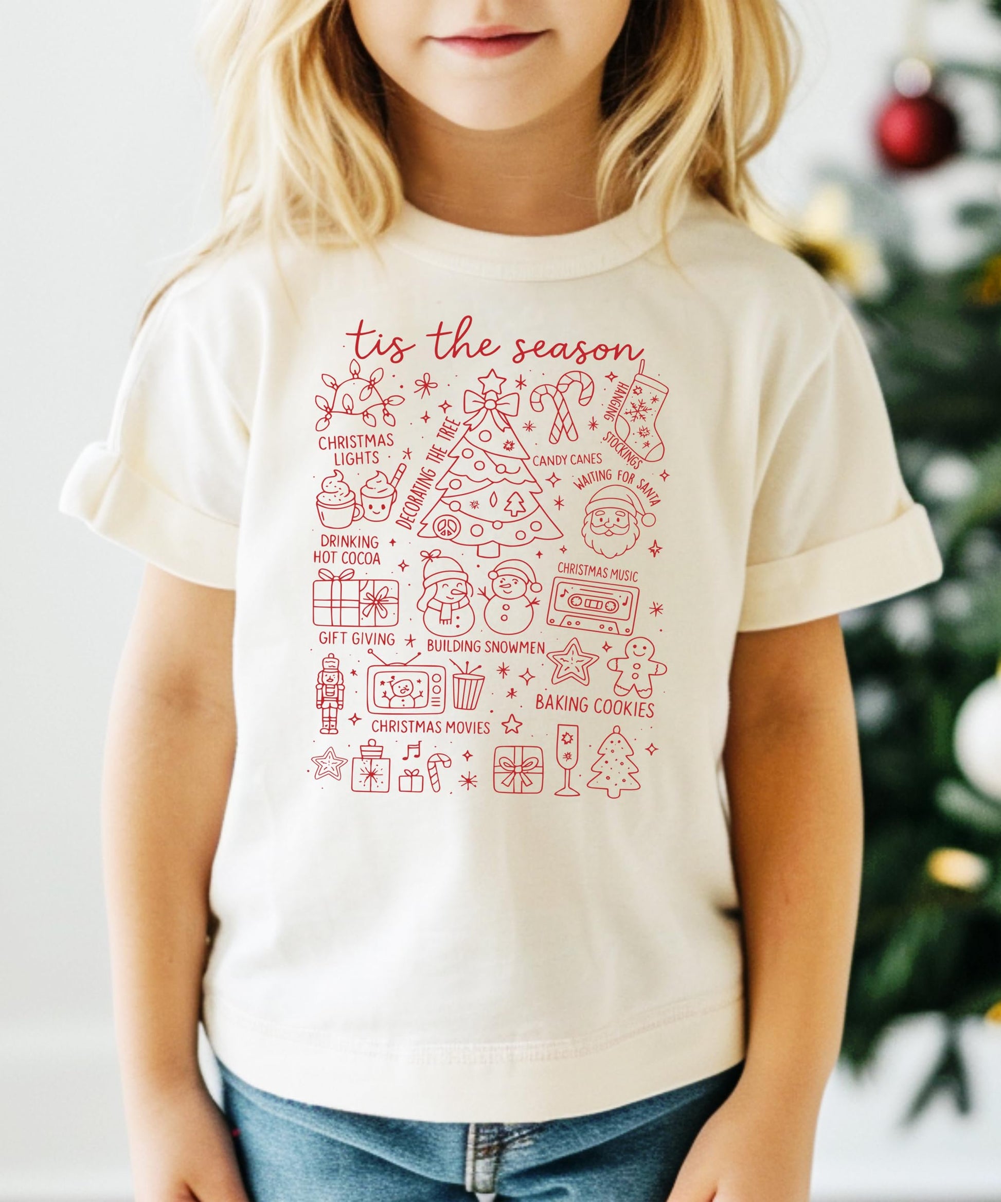 Adult and kids matching Tis the Season Christmas collage tee in natural — family matching holiday shirts