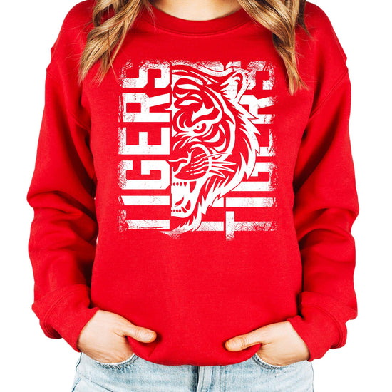 Tigers sweatshirt laid flat displaying full graphic design with tiger mascot artwork