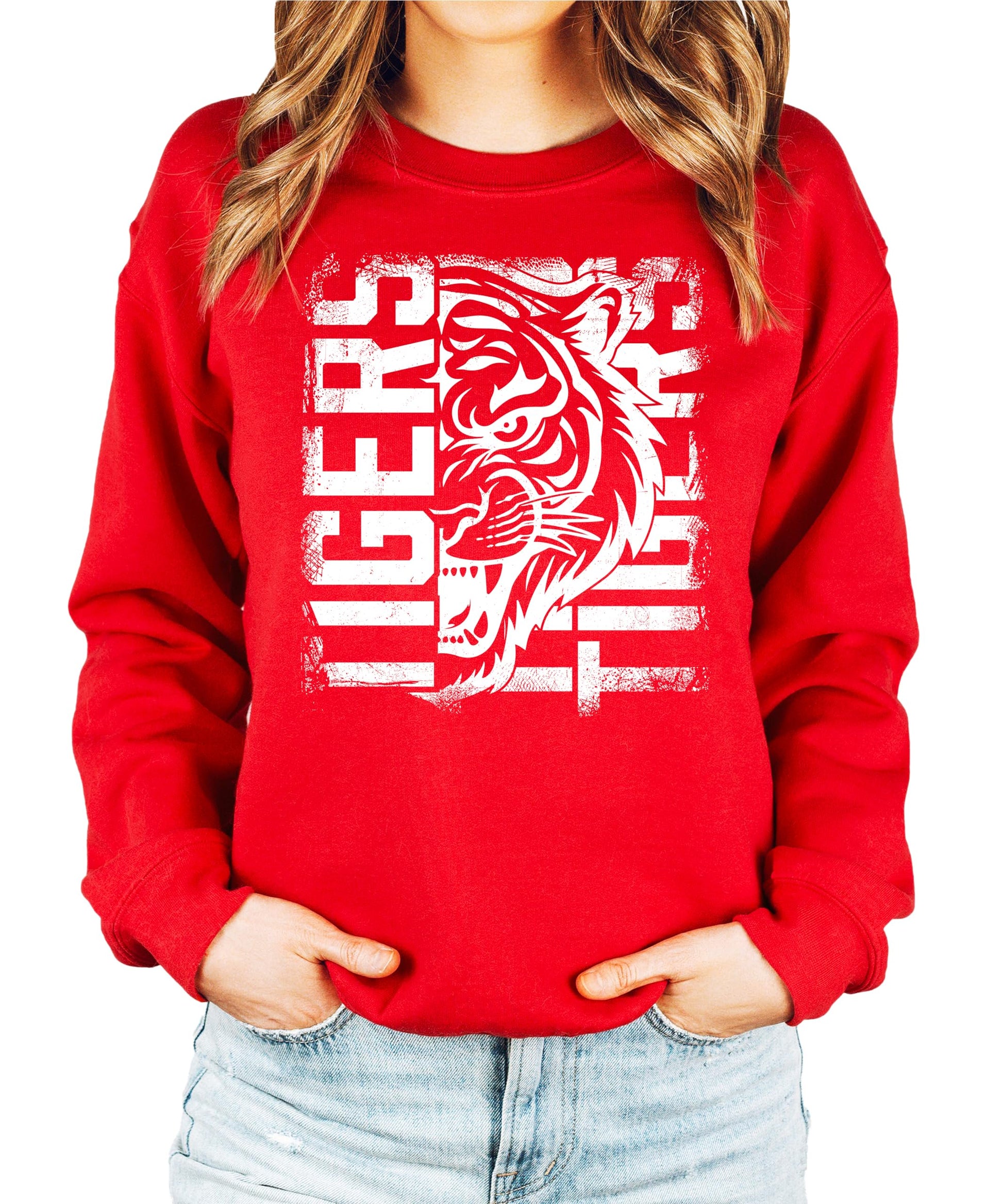 Tigers sweatshirt laid flat displaying full graphic design with tiger mascot artwork