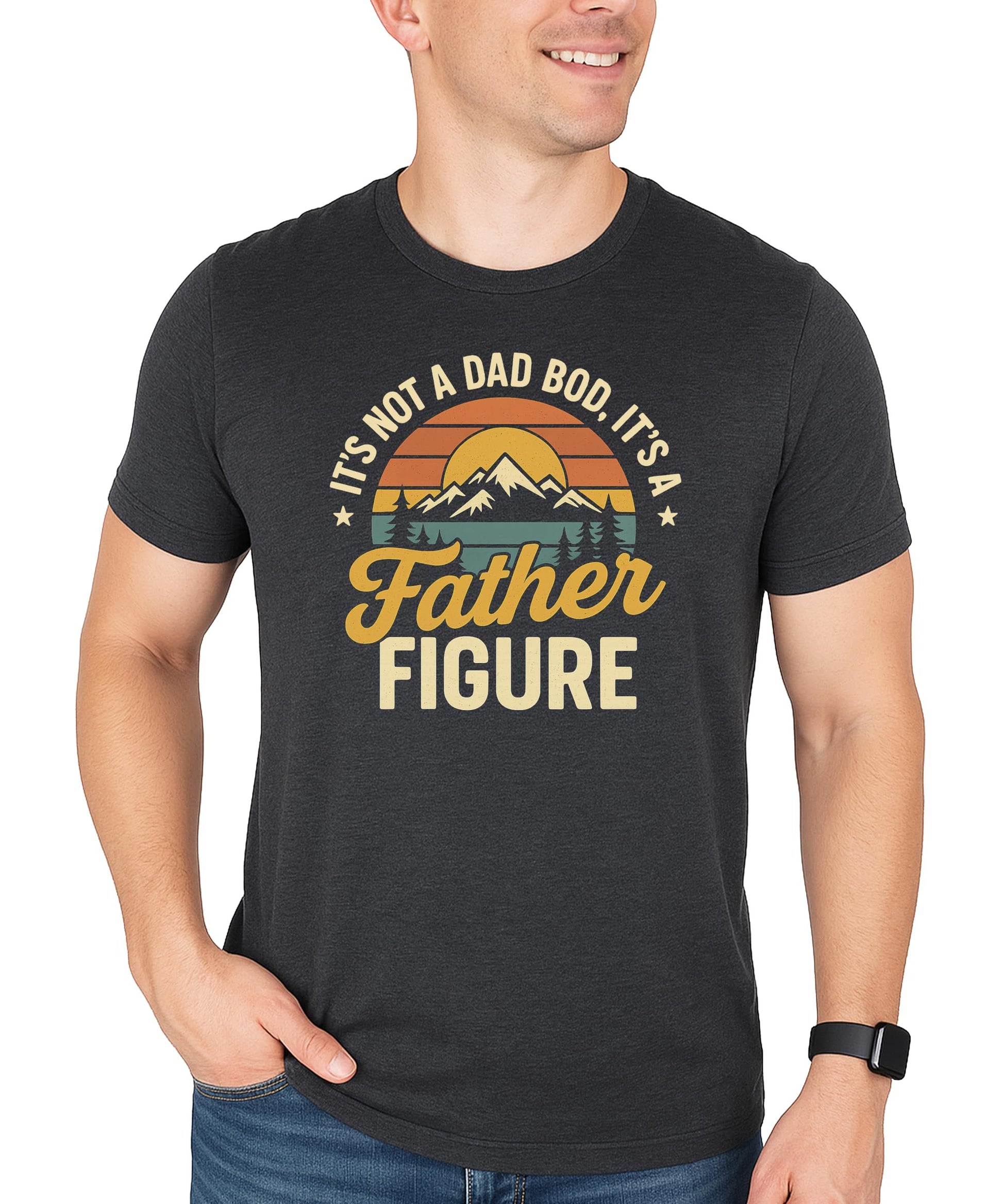 Close-up of father figure funny slogan printed on a black men's graphic t-shirt