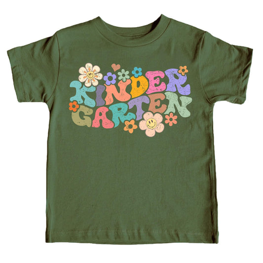 Kids natural graphic tee with groovy daisy kindergarten first day of school design, front view