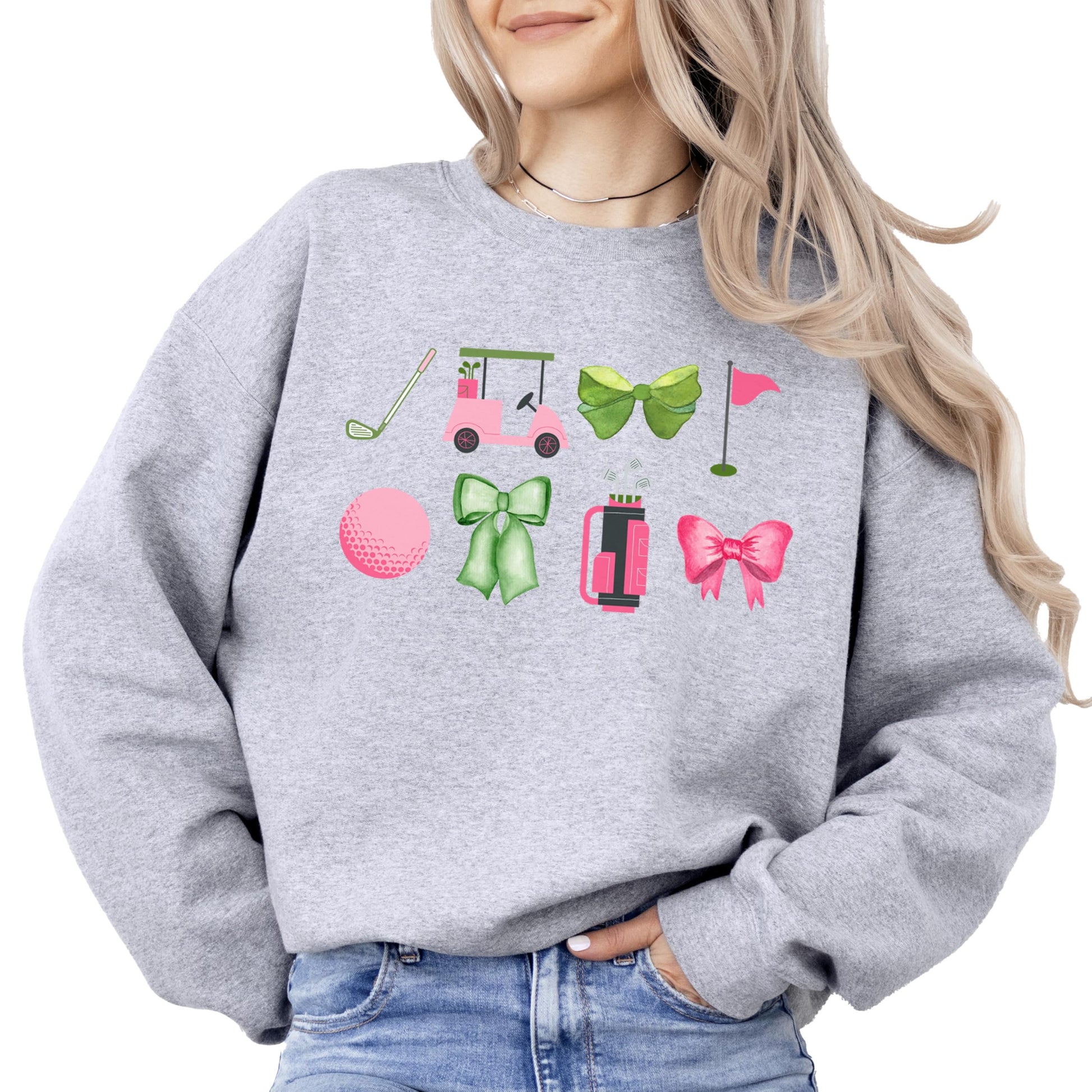 Front view of preppy golf graphic sweatshirt for women in gray