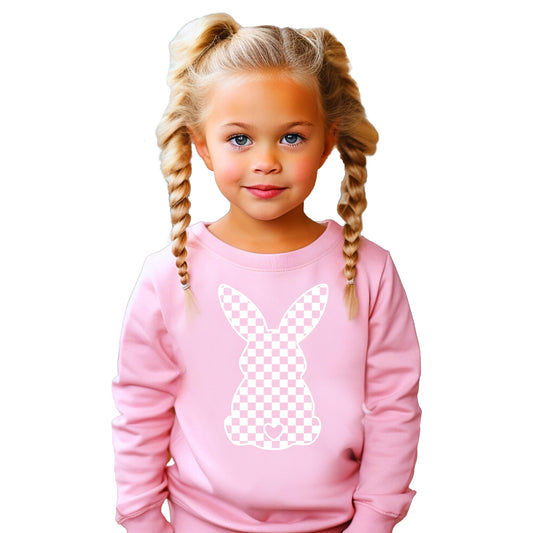 Close-up of checkered bunny graphic print on pink toddler Easter sweatshirt by Olive Loves Apple
