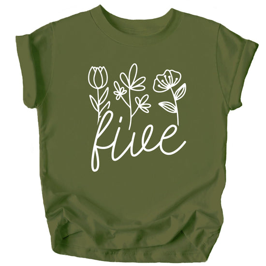 Toddler girl wearing military green fifth birthday shirt with white floral number five