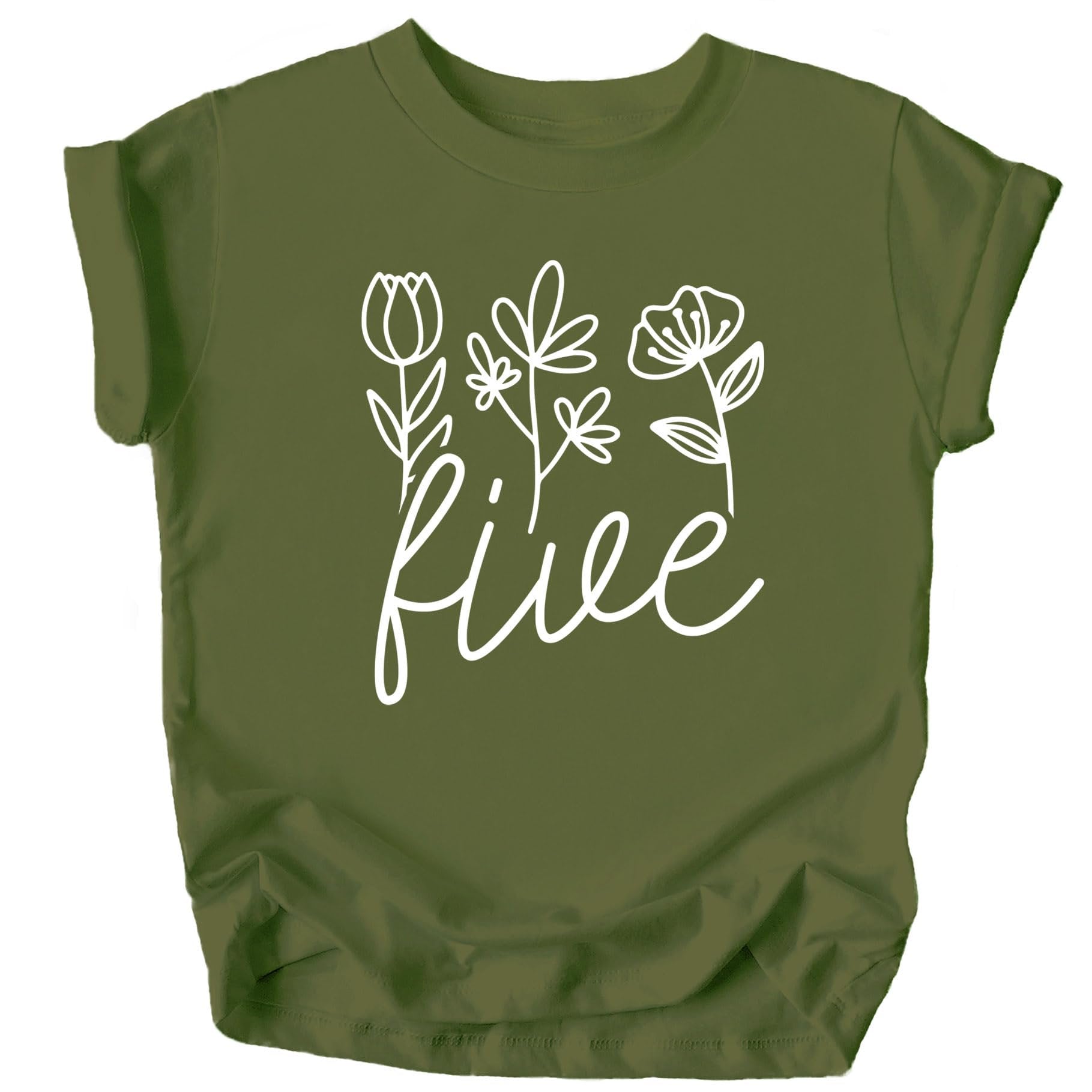 Toddler girl wearing military green fifth birthday shirt with white floral number five