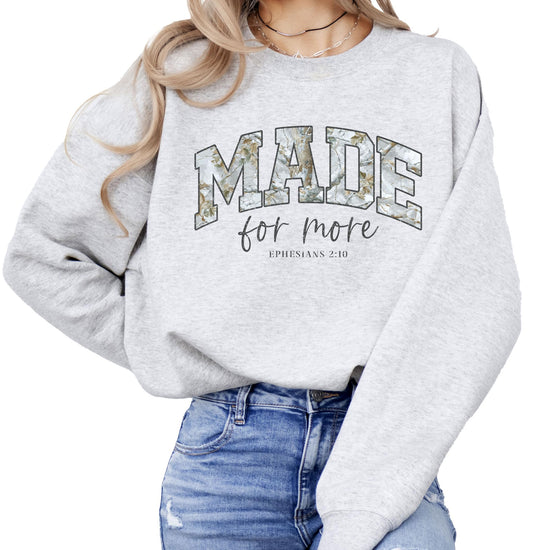 Back view of army green camo Christian inspirational sweatshirt for women