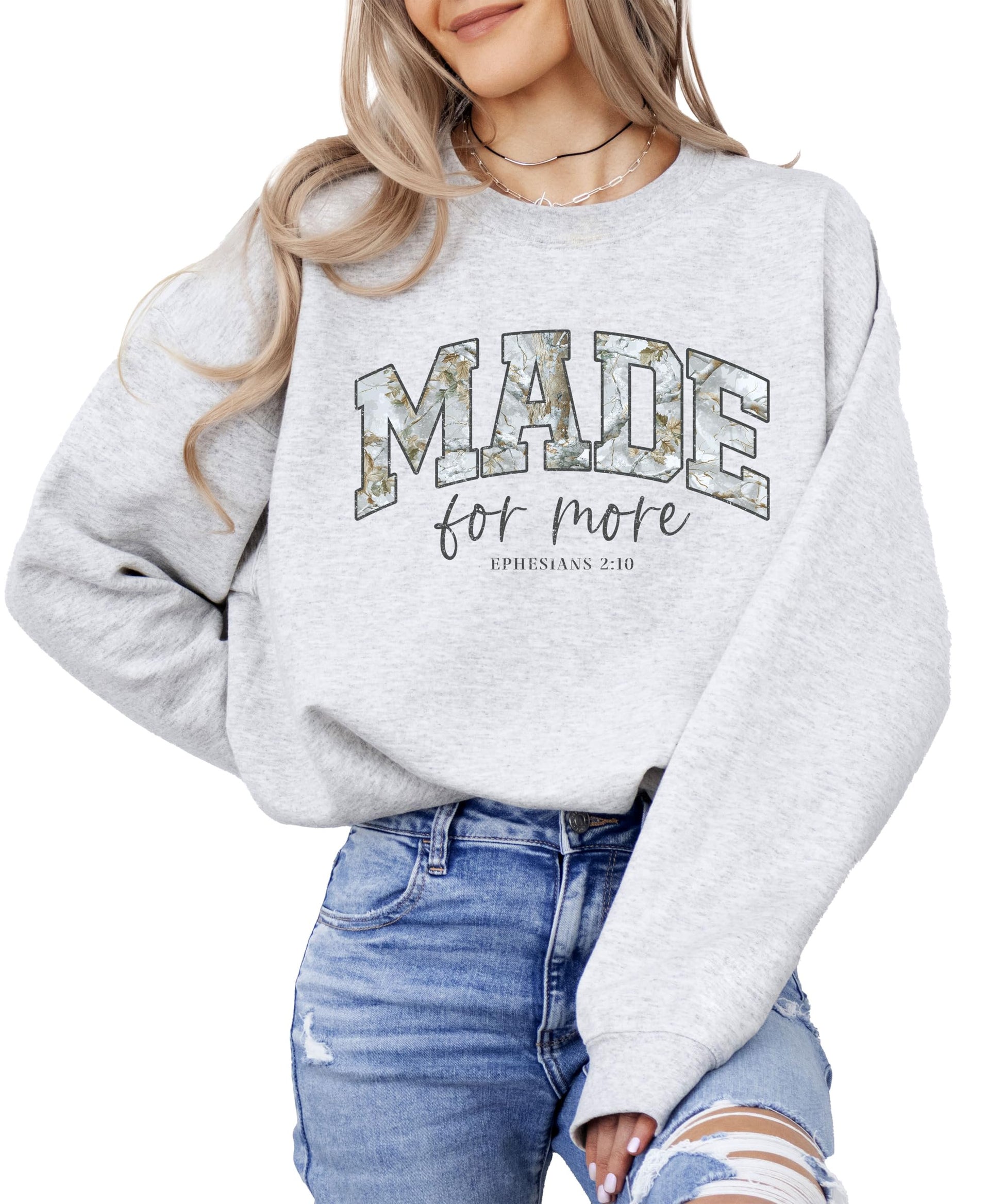 Back view of army green camo Christian inspirational sweatshirt for women